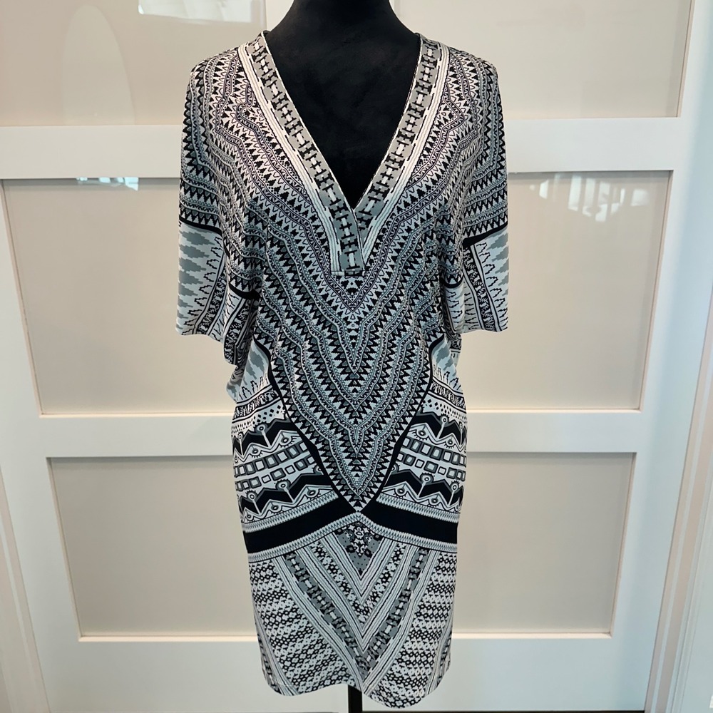 Hale Bob Tunic Dress Womens Small Black White Geometric Tribal Cold Shoulder